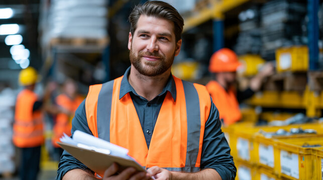 Supply chain resilience operations manager walking a newly opened domestic components warehouse floor, clipboard in hand, inspecting labeled bins of reshored electronic parts, workers in background 