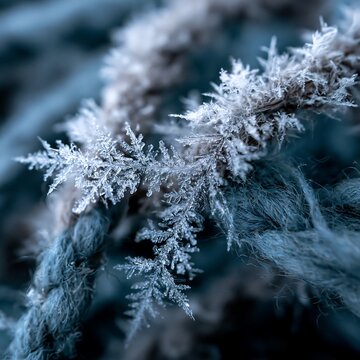 Delicate Frost Crystals on Textured Fabric with Cool Tones Macro View