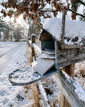 Rustic Mailbox with Letters in a Serene, Snowy Winter Landscape