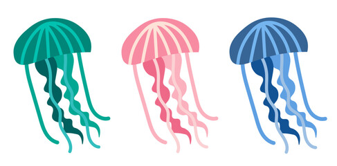 Jellyfishes set. Green, pink and blue jellyfishes. Hand drawn vector illustration. © Sirbon
