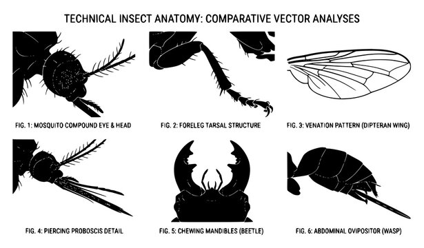 Scientific mosquito anatomy vector silhouettes with detailed black insect head wing and leg shapes for research charts