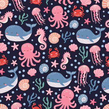 Cute ocean animals seamless pattern with whale, octopus, jellyfish, seahorse, crab, shells and starfish. Playful underwater animals vector design for nursery, wrapping paper, textile, fabric.
