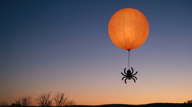 A whimsical giant spider balloon floats gracefully in the twilight sky creating a surreal and enchanting atmosphere