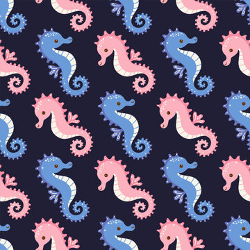 Cute blue and pink seahorses vector seamless pattern in hand drawn style on dark blue background