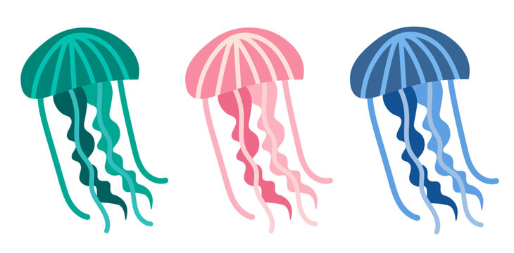 Jellyfishes set. Green, pink and blue jellyfishes. Hand drawn vector illustration.
