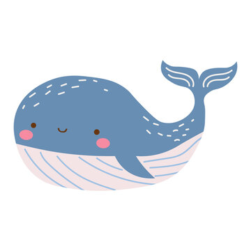 Cute baby whale. Blue whale swimming. Giant underwater animal. Childish colored flat vector illustration isolated on white background.