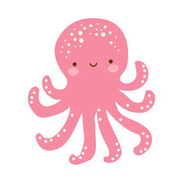Cute Pink Octopus with a cute smiling face Isolated on White Background Flat Vector Illustration Adorable Ocean Creature