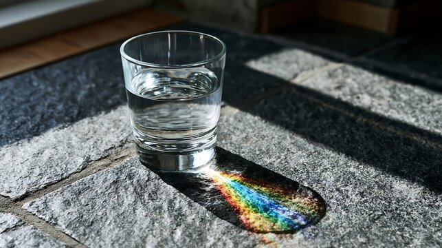 Glass of Water with Rainbow Refraction on a Textured Stone Surface