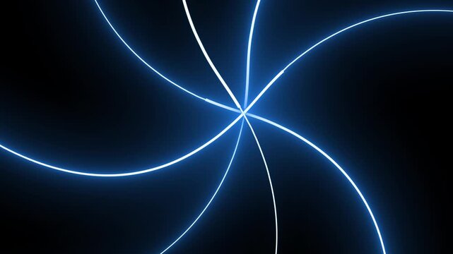 Blue neon lines swirl gracefully to form an abstract graphic design canvas. Contemporary technology transition cards gain sharp electronic accents here. Wave paths loop.