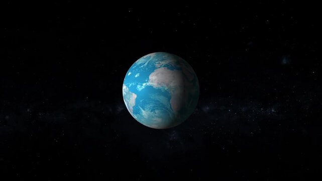 Planet Earth graphics spin slowly amid deep space galaxy star clouds online. Astronomy educational films gain premium production quality from this planet asset. Orbs rotate.