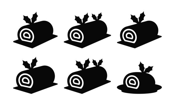 Set of six christmas yule log cake vector icons for holiday dessert menu.