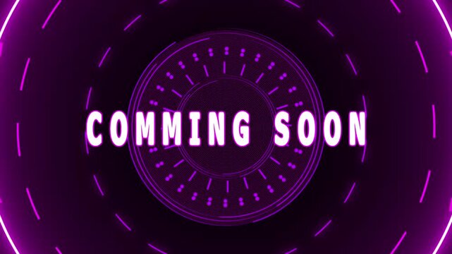 Coming soon text layouts display bright purple neon lines over dark grids. Digital retail conversion ads gain high consumer excitement from this card. Banners shine.