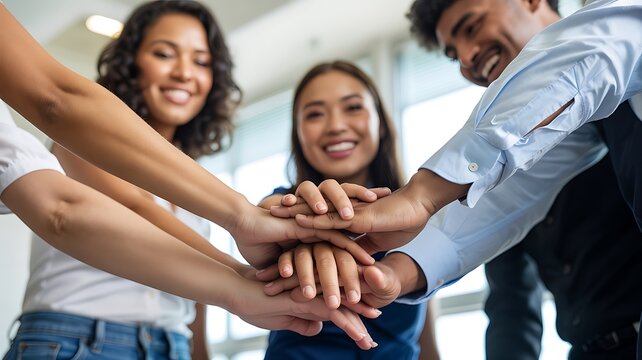 Diverse team members stack hands to symbolize shared strength.