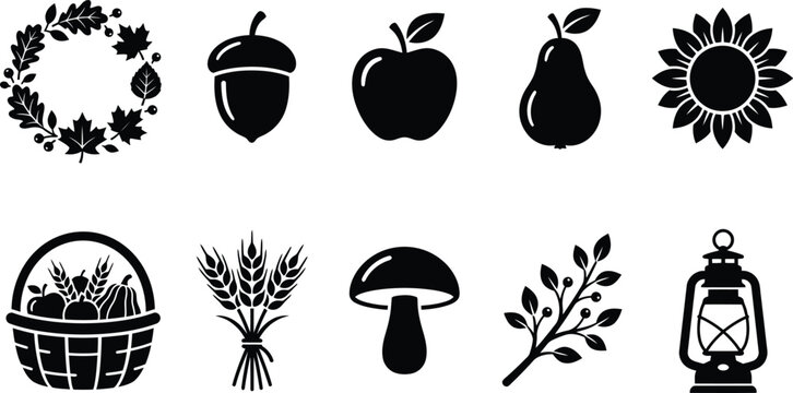 Set of black and white autumn harvest icons featuring seasonal elements like leaves pumpkins and garden tools