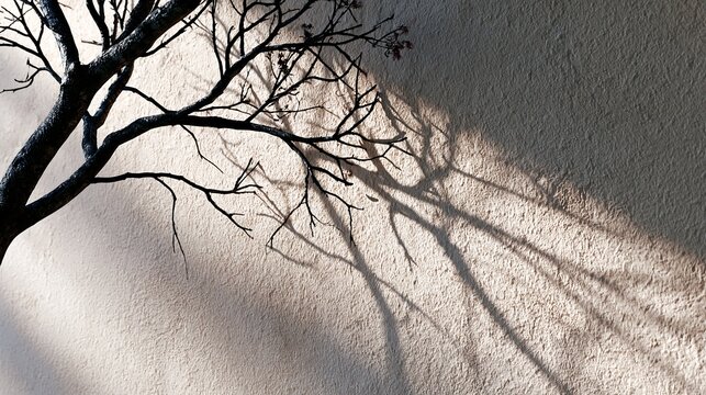 Abstract Tree Branches Cast Shadows on Textured Wall at Sunset
