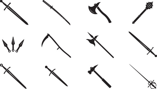Set of black silhouette featuring various medieval and historical including swords, axes, a scythe, mace, and throwing knives