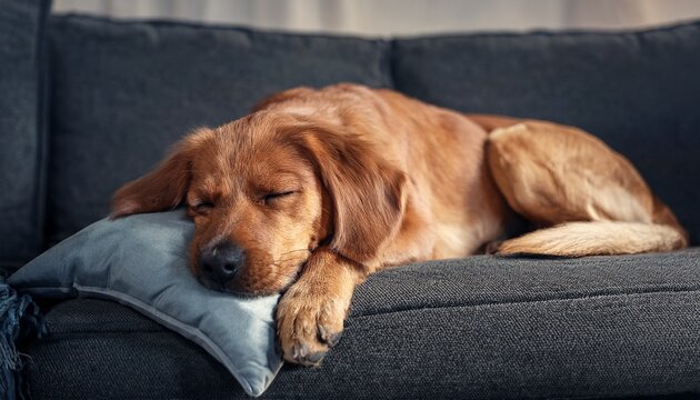 a dog is sleeping on a couch with a pillow