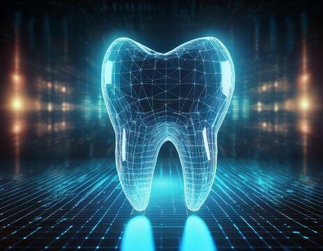 3d rendering of a wireframe hologram tooth on a digital background with glowing light effects