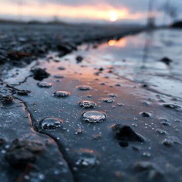 Close-up of Water Puddle with Bubbles and Sunset Reflection on Surface