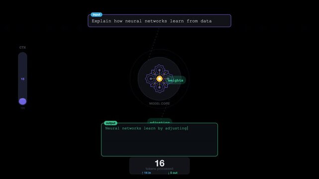 Suitable for articles, presentations, or websites on ai, data science and technology. Illustrates complex neural network systems and interfaces.