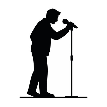 Man adjusting stage microphone silhouette. Singer or speaker preparing for performance. Black vector illustration isolated on transparent background