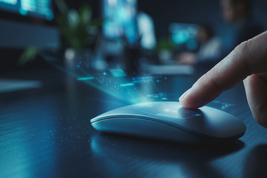 Finger touching a computer mouse with holographic data interface