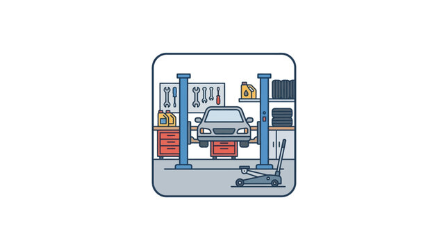 Car on a lift in garage.