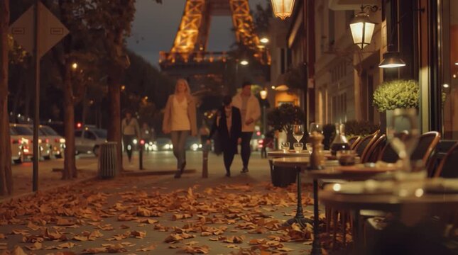 Chairs line a sidewalk cafe in Paris with the Eiffel Tower visible at night among fallen leaves
