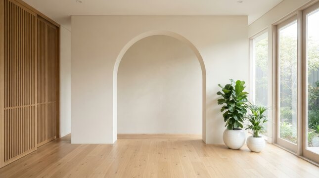 Minimalist interior with arched doorway and wooden slatted wall