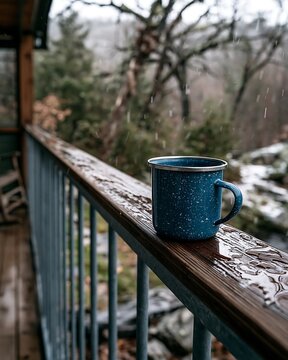 Blue Enamel Mug on Rainy Balcony Rail With Forest View and Droplets