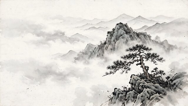 Traditional ink wash painting of a lone pine tree on a rocky cliff with misty mountains in the background