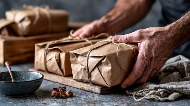 Hands Arrange Rustic Craft Paper Gift Boxes on Wooden Surface