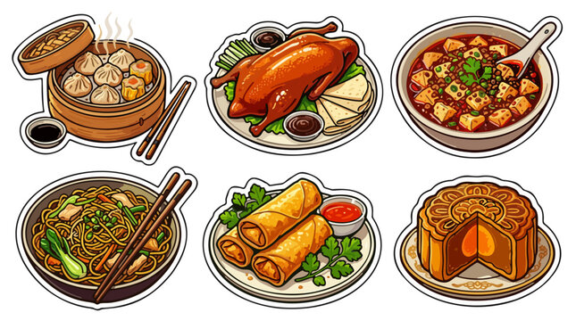Vector sticker sheet set of traditional Chinese food items including dim sum dumplings, peking duck, kung pao chicken, chow mein noodles, fried rice, and mooncake