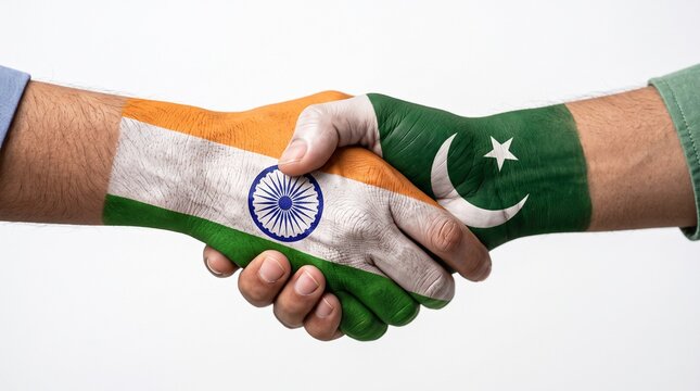 International diplomacy and peaceful cooperation, two hands painted with national flags shaking in a symbolic agreement on white