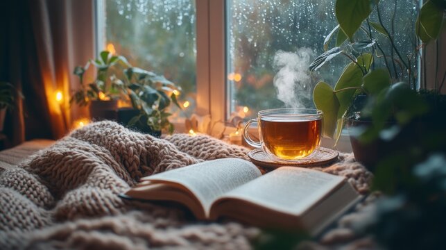 Warm cozy reading corner with open book tea blanket candles and rainy window surrounded by houseplants creating peaceful home interior mood for relaxation mindfulness literature calm evening indoors
