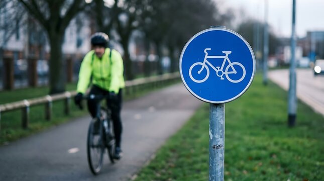 Blue bicycle lane sign on a park path with a cyclist riding in the background, illustrating urban cycling infrastructure and sustainable transportation.