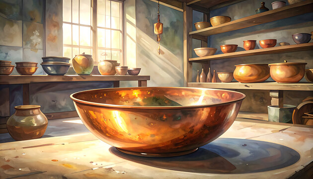Large copper bowl on wooden table.