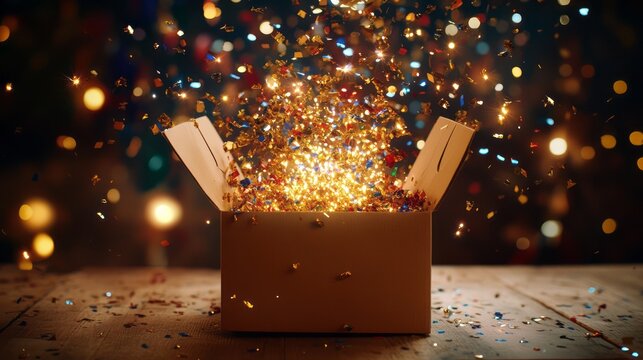 Open cardboard box bursting with golden confetti lights and sparkling particles on dark background showing surprise gift celebration ecommerce delivery festive joy mystery and magical packaging reveal