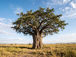 Fototapeta premium Majestic african baobab tree standing in the open savanna landscape under a bright blue sky with wilderness landscape grassland majestic sunlight environment wildlife pristine