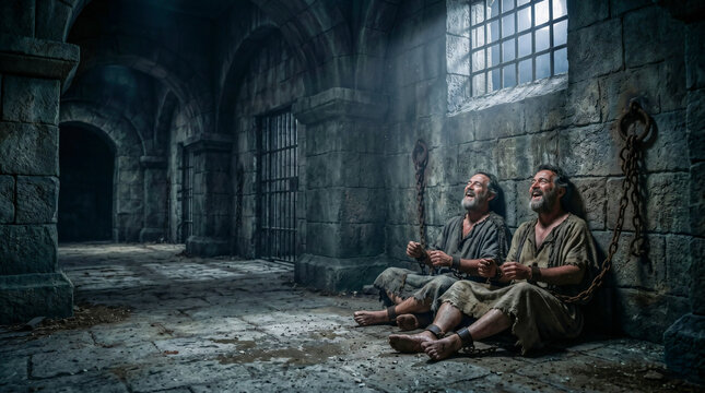 Apostles Paul and Silas praying and singing hymns in a dark, grimy prison cell just before a miraculous earthquake strikes