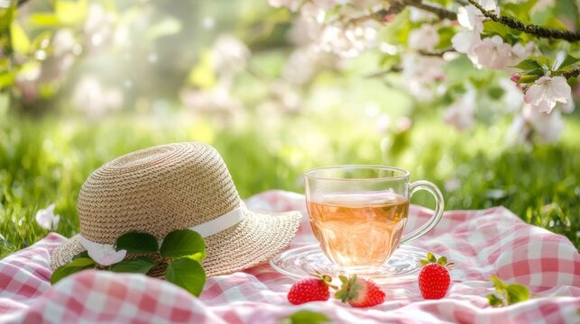 Elegant garden picnic with straw hat refreshing tea ripe berries soft blossoms and gentle daylight creating a cozy spring leisure scene for outdoor dining wellness lifestyle and peaceful vacation mood