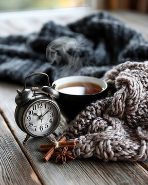 Cozy Morning Scene with Steaming Drink, Alarm Clock, and Warm Blanket