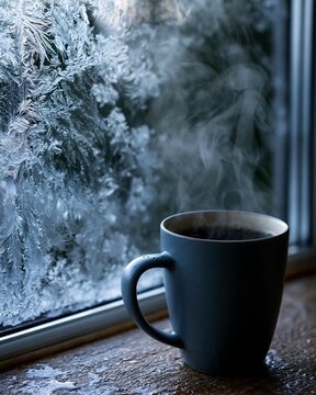 Steaming hot beverage by a frosty window on a cold winter day indoors