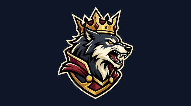 Fierce wolf king mascot logo wearing a golden crown and royal cape.