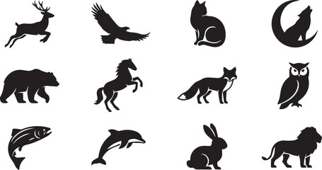 Obraz premium Set of twelve black animal silhouettes including a jumping deer, flying eagle, sitting cat, howling wolf, bear, horse, fox, owl, fish, dolphin