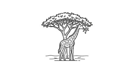 Industrial Style Black and White Line Drawing of a Giraffe Eating Leaves from a Tall Tree with Simple Ground Outline © TEGAR
