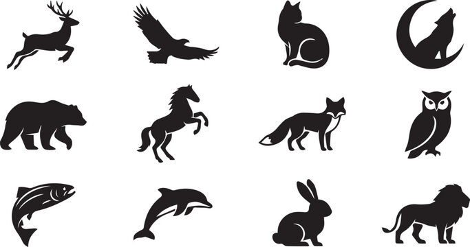 Set of twelve black animal silhouettes including a jumping deer, flying eagle, sitting cat, howling wolf, bear, horse, fox, owl, fish, dolphin