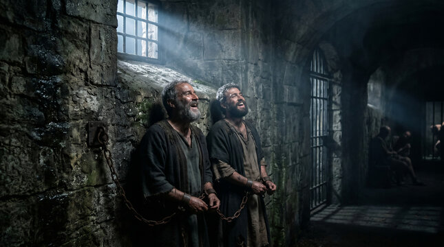 Apostles Paul and Silas praying and singing hymns in a dark, grimy prison cell just before a miraculous earthquake strikes