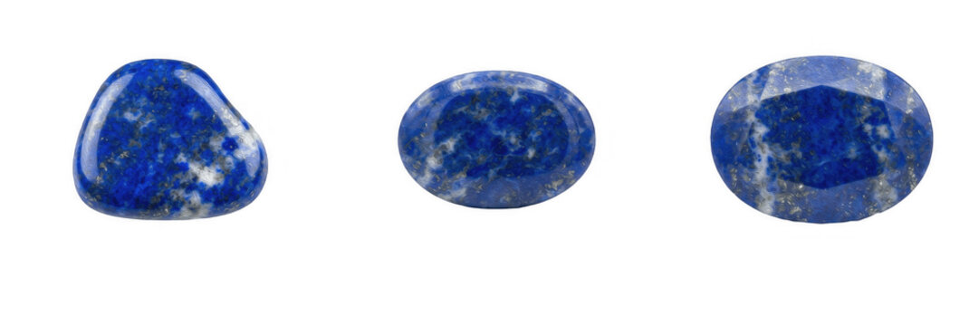 Set of three polished lapis lazuli gemstones with deep blue color and gold pyrite flecks isolated on white background, precious minerals for jewelry design, crystal healing, and metaphysical concepts.