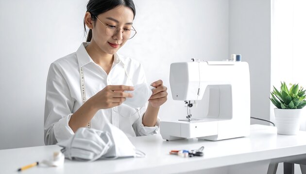 An Asian woman with glasses sits at a table sewing face masks next to a sewing machine, creating a protective garment